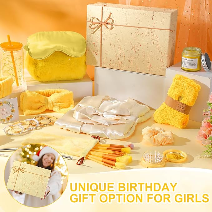15 Pcs Birthday Gifts for Women Robe Sets for Women Spa Basket Set Graduation Gifts Bath Robe Make up Brushes Scented Candle Fluffy Socks Coffee Cup for Mom Nurse Girlfriend Wife(Yellow)