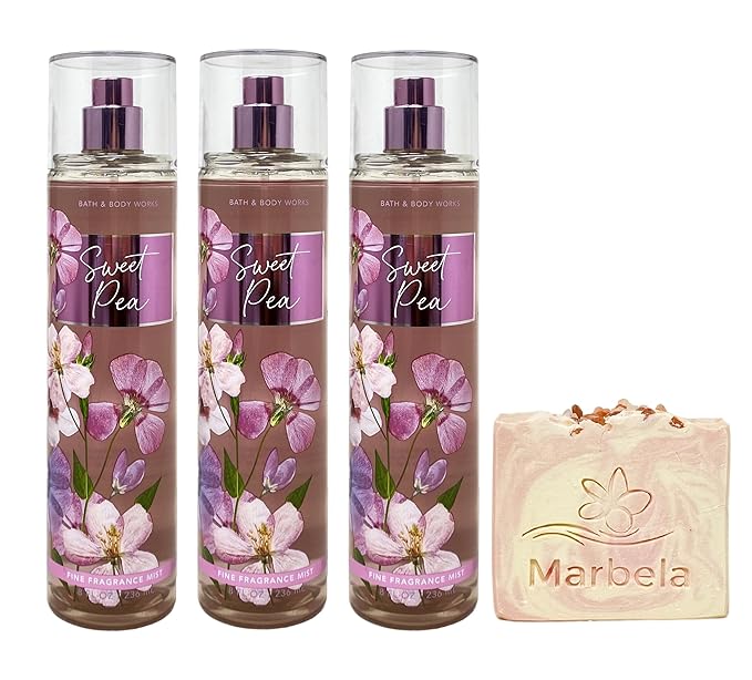 Bath & Body Works Sweet Pea 3 Piece Fragrance Mist Bundle with a Himalayan Salts Springs Bar Soap - Full Size