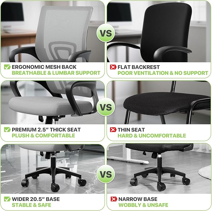 Magshion Ergonomic Office Chair 10 Pack, Mid-Back Mesh Desk Chair, Adjustable Swivel Computer Chair with Lumbar Support & Breathable Backrest for Gaming, Work, Study, 300 Lbs Capacity, Light Gray