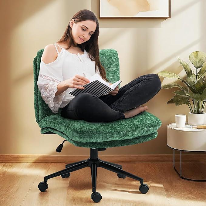 Dowinx Criss Cross Chair with Wheels, Dual-Layer Thickened Cushion, Premium Fabric Morden Home Vanity Chair Wide Seat, Olive Green