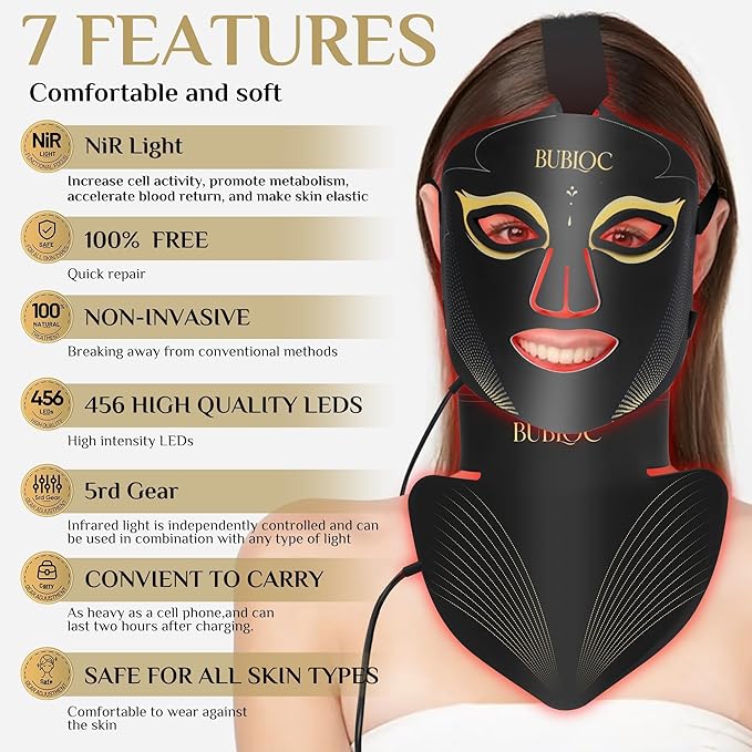 Red Light Therapy Mask Set, Five-Level Brightness Adjustment for Face and Neck, 630nm Infrared Light + 850nm Near-Infrared LED Therapy Phototherapy, Portable Mask with Power Storage, Black