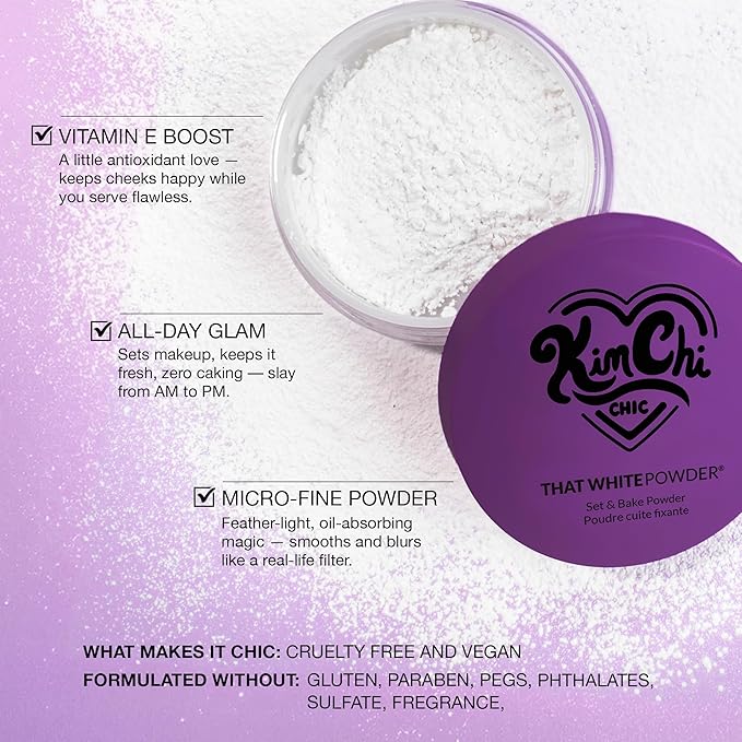 KimChiChic Beauty That WhitePowder Set and Bake Mattifying Setting Powder for Makeup, Extra Fluffy Loose Face Powder Poof, Soft Natural Face Makeup Helps Minimize the Appearance of Fine Lines, White