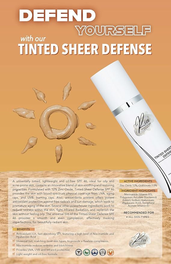 Ria Tinted Sheer Defense | Lightweight Oil-Free Tinted Moisturizer with SPF 46, Broad Spectrum Zinc Oxide Face Sunscreen & Skin Tint for Hydrating Daily Sun Protection, Made in USA