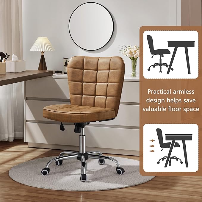 Yaheetech Armless Desk Chair Modern Tufted Office Chair Faux Leather Upholstered Computer Chair with Adjustable Seat Height and Rolling Wheels for Home/Office, Retro Brown