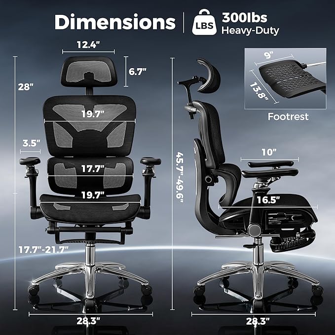 Ergonomic Office Chair with Footrest, Big and Tall Home Desk Chair, High Back Rolling Computer Chair with 5D Flip-Up Arms and Lumbar Support, Comfy Gaming Chair, Black-4 Pack