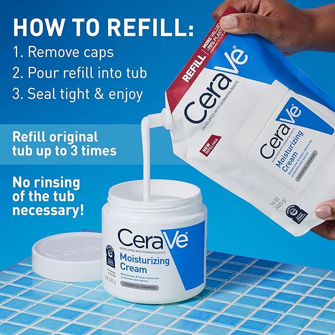 CeraVe Moisturizing Cream, Body and Face Moisturizer for Dry Skin, Body Cream with Hyaluronic Acid and Ceramides, Daily Moisturizer, Oil-Free, Fragrance Free, Non-Comedogenic, 16 Ounce Refill
