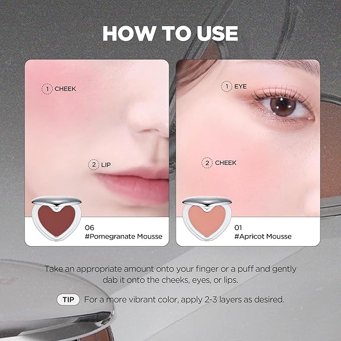 lilybyred Luv Beam Cheek Mousse | Heart-Shaped Korean Cream Blush, Airy Soft-Matte Texture, Soft-Focus & Pore-Blurring Finish, Seamless Buildable, Natural Flush, 0.13 oz. (06 Pomegranate Mousse)