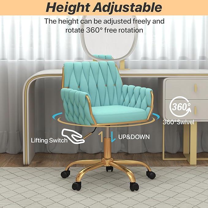 Velvet Modern Home Office Vanity Chair, 360° Swivel Adjustable Height Makeup Desk Chair with Golden Base and Hand Woven Backrest for Bedroom/Study/Vanity (Teal)