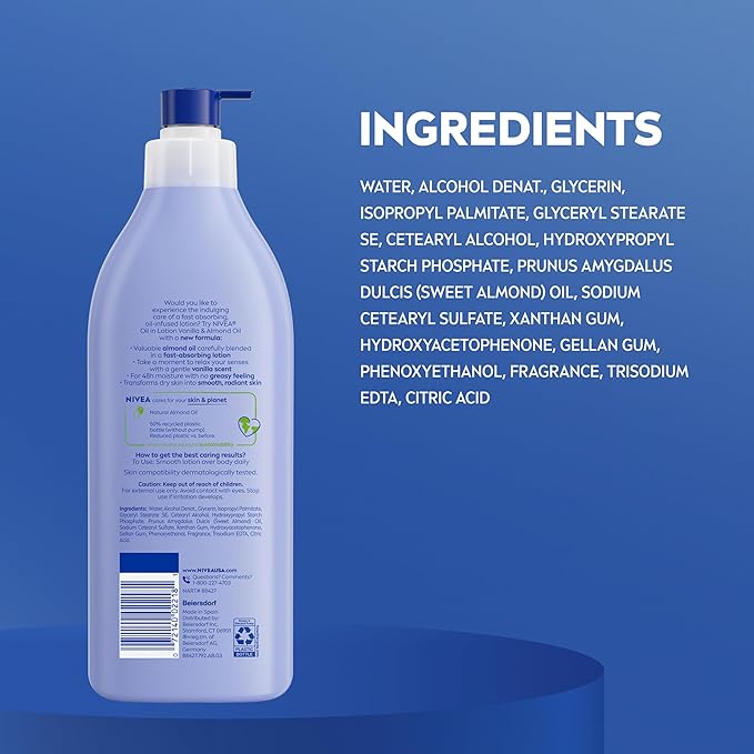 NIVEA Oil Infused Vanilla and Almond Oil Body Lotion for Women, Fast-Absorbing and Non-Greasy Vanilla Scented Lotion Moisturizes for 48 Hours, 16.9 Fl Oz Pump Bottle, Pack of 3