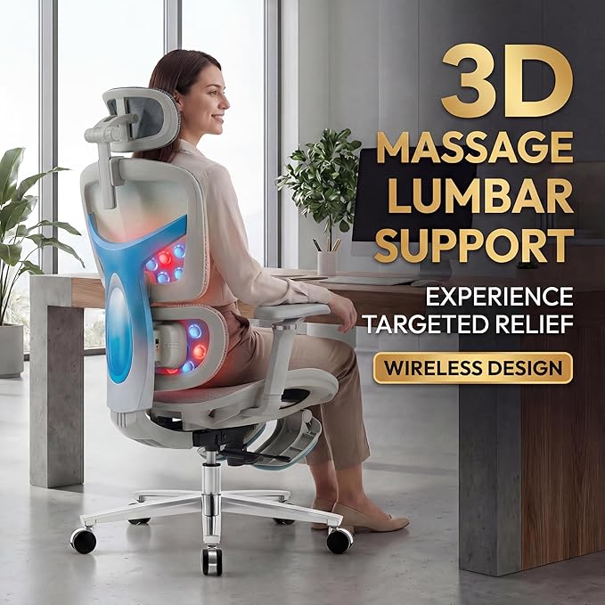 Ergonomic Office Chair with Footrest & Massage Lumbar Support – Adjustable Seat Depth & Back Height Reclining Big and Tall 400LBS Mesh Chair, 4D Headrest & 6D Armrests, for Home Office(Gray Rainbow)