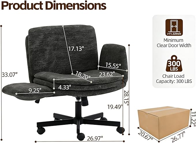 Criss Cross Chair with 5-Gear Adjustable Armrests & Wheels, Ergonomic Airbag Back Support Swivel Desk Chair for Home Office, Vanity, Bedroom and Living Room,Dark Grey