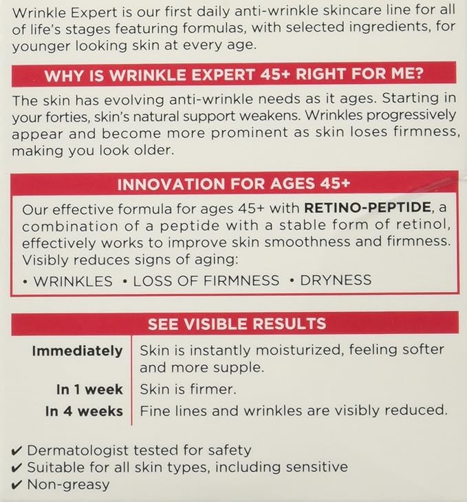 L'Oreal Paris Wrinkle Expert 45+ Anti-Aging Face Moisturizer with Retino-Peptide, Non-Greasy, Suitable for Sensitive Skin, 1.7 fl. Oz