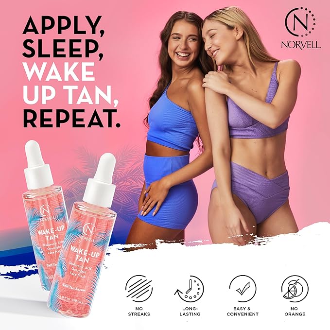 Norvell Wake-Up Tan Clear Self-Tan Face Serum, 1 oz Gradual Facial Self Tanner, Overnight Sunless Tanning Serum with Hydrating Skincare Benefits
