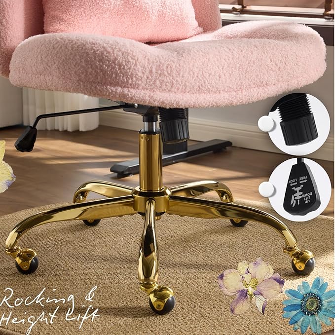 VINGLI Wide Criss Cross Legged Office Chair,Buttprint Ergonomic Desk Chair Comfy with Pillow&Gold Base,Dual-Use with/no Wheels,Adjustable Vanity Swivel Chair for Bedroom,Home Office,Teddy Fleece,Pink