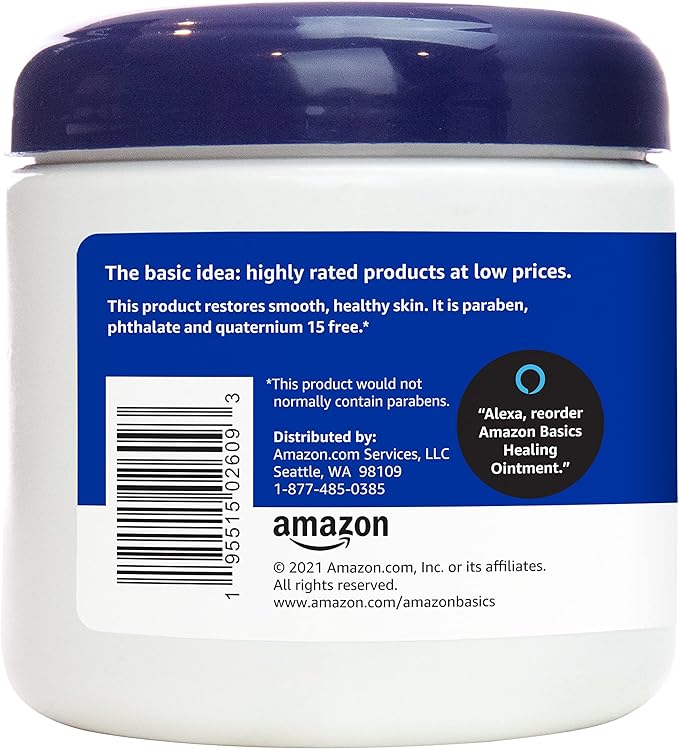 Amazon Basics Healing Ointment & Skin Protectant for Dry & Cracked Skin, Chapped Lips, Minor Cuts and Scrapes, Lip Repair Moisturizer, Fragrance Free, 14 oz, 4-Pack