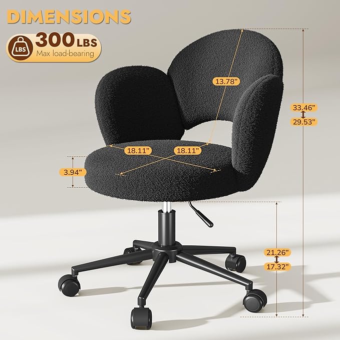 Petal Vanity Chair, Black Vanity Chair with Wheels & Lumbar Support, Height Adjustable, Velvet Cute Desk Chair for Study, Makeup & Relaxation