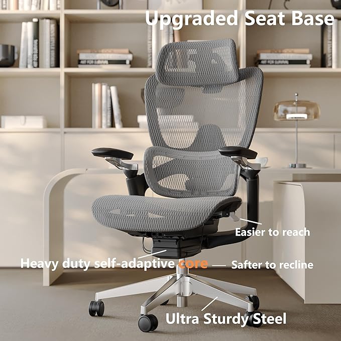 Ergonomic Office Chair with Adjustable 3D Lumbar Support, Mesh Computer Chair 5D Armrests, Home Desk Chair with 4D Headrest, 90-130°Tilt, BIFMA Certified, Model Zen (Grey)