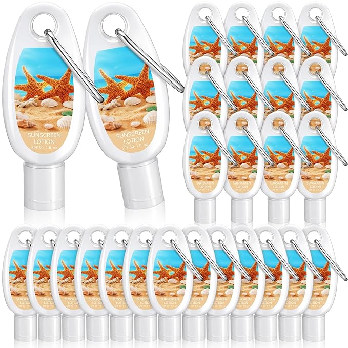 Leelosp 30 Pcs Mini Sunscreen with Carabiner Bulk Travel Size 1 Fl. oz. Spf 30 Water Resistant Mini Sunblock Lotion Keychain Summer Beach Vacation Gift for Wedding Guest Bridal Shower Party Favor