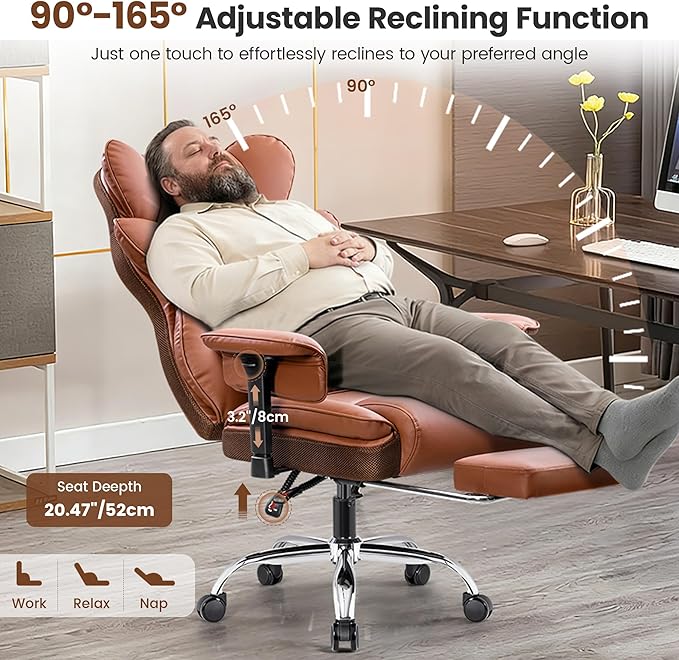 Big and Tall Office Chair - 400 LBS Capacity Executive Chair with High Back & Footrest, Ergonomic Office Chair for Heavy People, Wide Padded Seat Computer Gaming Chair, Brown