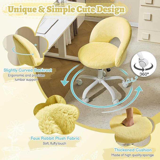 VINGLI Small Vanity Chair with Faux Fur Wheels for Girls,Cute Adjustable Height Armless Office Desk Chair,360°Swivel Comfy Rolling for Study,Make up Room,Small Space,Yellow