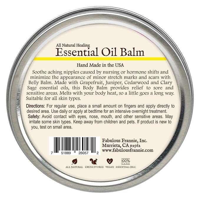 Fabulous Frannie Belly All Natural Essential Oil Healing Balm made with Sunflower Oil, Coconut Oil, Shea Butter, Beeswax, Soy Wax, Aloe Vera and Pure Essential Oils 3.5oz Tin