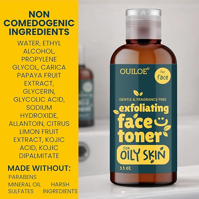 Non Comedogenic Face Toner for Oily Skin - Fragrance Free Pore Minimizer for Face - Safe for Acne Prone and Sensitive Skin - Non Irritating, pH Balanced, Gentle, 3.52 oz by Ouiloe
