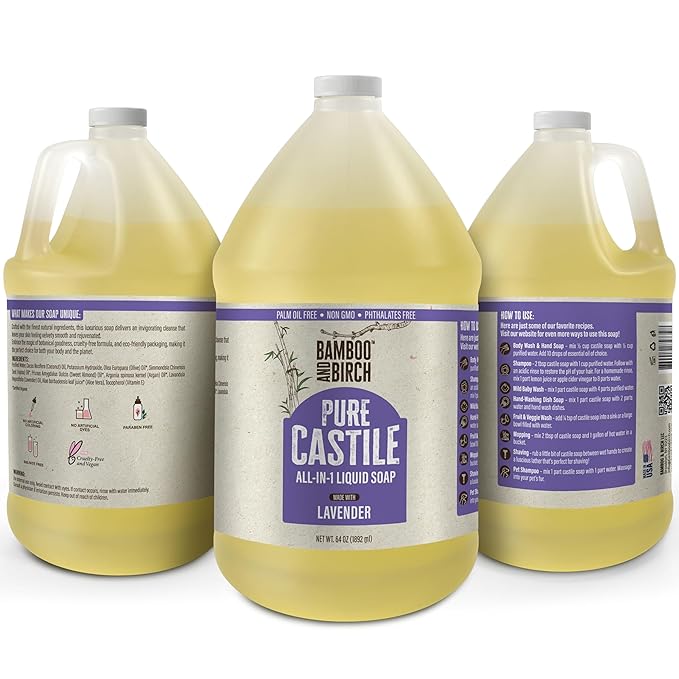 BAMBOO AND BIRCH Pure Castile Soap Liquid, Certified Palm Oil Free Natural Soap, Lavender, 64 oz