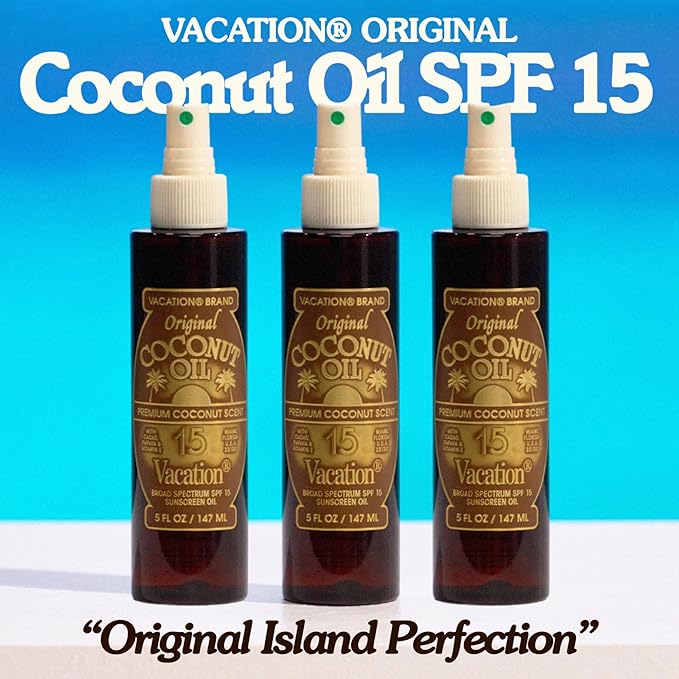 Vacation Coconut Oil SPF 15 & Air Freshener Bundle, Lightweight Sunscreen Oil Spray, Transparent On All Skin Tones, Hydrating & Nourishing, Non-Greasy Finish, 5 Fl. Oz.