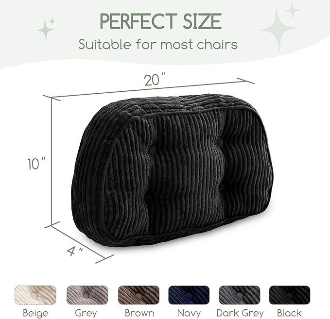 HIGOGOGO Lumbar Support Pillow for Recliner Chair/Accent Chair/Couch/Office Chair, Tufted Corduroy Back Support Cushion for Elderly, Recliner Cushions for Back Rest, Pain Relief, Reading, Black