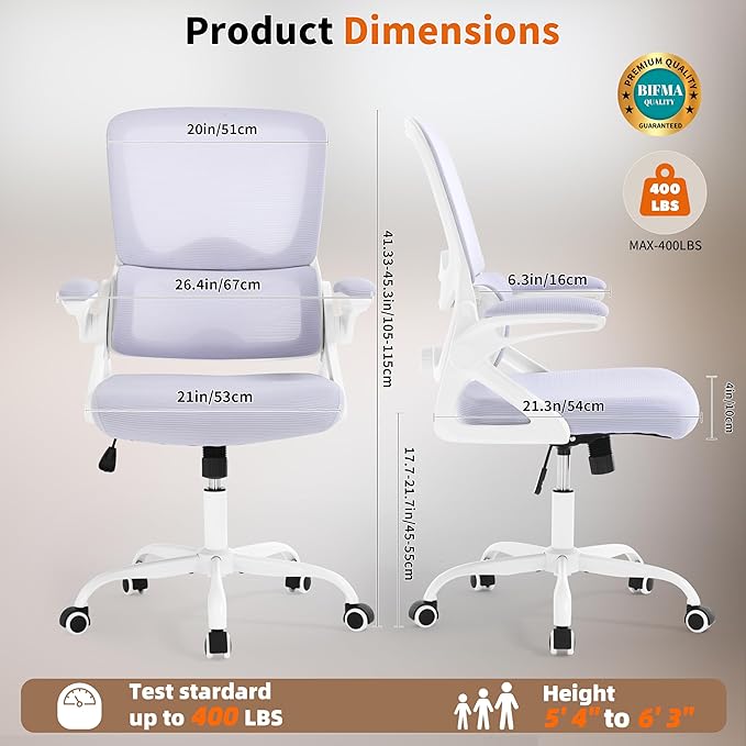 Ergonomic Office Chair,Mesh Office Chair with Lumbar Support,Mid Back Desk Chair with Flip-up Arms,400 lbs Comfy Computer Chair for Home Office