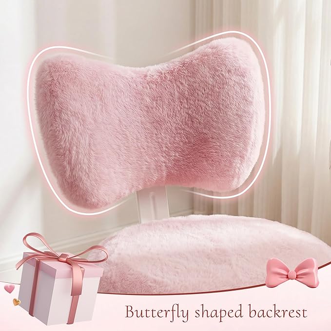Vanity Chair with Wheels, Pink Desk Chair with Cute Bow Backrest, Fluffy Faux Rabbit Fur Small Office Chair for Vanity, Make-up Room, Bedroom, Dorm, Small Space, Height Adjustable, Pink