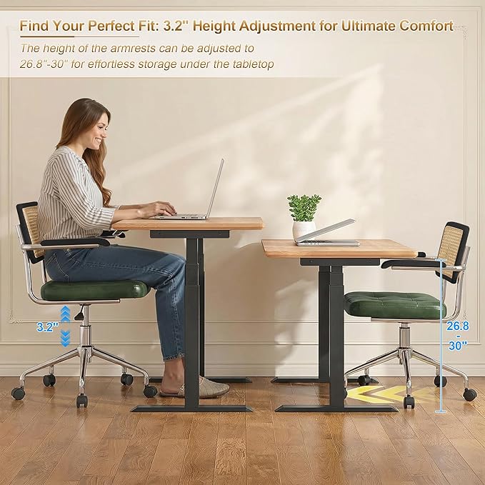 Zesthouse Modern Home Office Chair Leather Desk Chair with Rattan Back, Vanity Chair for Girls Women, Upholstered Tufted Swivel Armchair for Bedroom, Height Adjustable Computer Task Chair