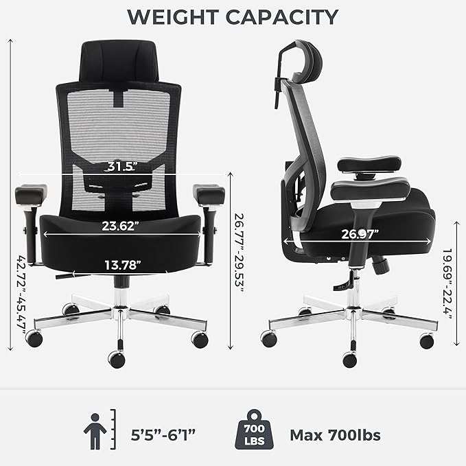 Big and Tall Office Chair 700lbs with Ergonomic W Wide Thick Seat Cushion, Oversized Mesh Desk Chair with Adjustable Lumbar for Heavy People, Computer Chair with 4D Armrest Headrest