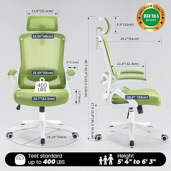 Fizzin Ergonomic Office Chair, 400 LBS Desk Chair with Adjustable Lumbar Support, High Back Breathable Mesh Computer Chair Rolling Work Swivel Task Chairs, Comfy Home Office Desk Chair (Green)