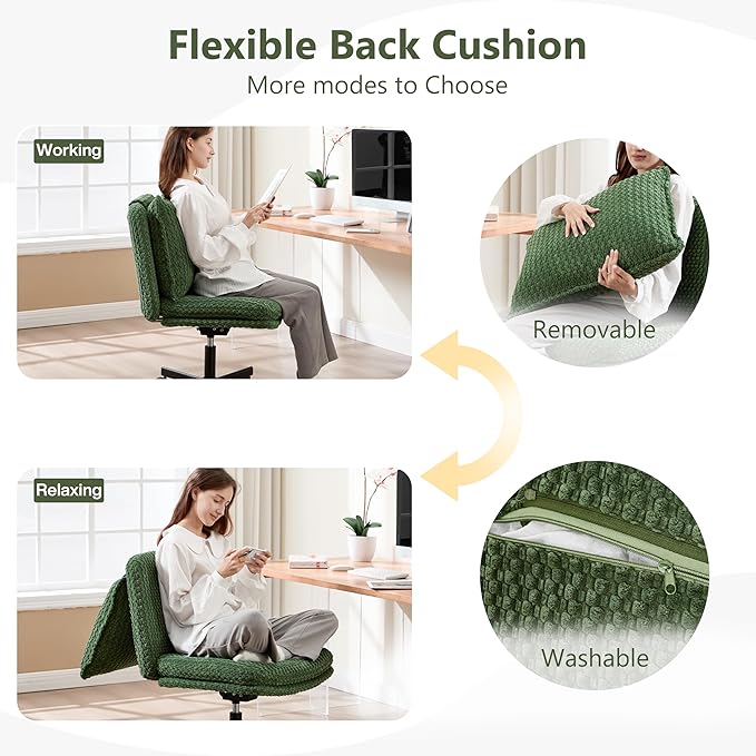 Fizzin Criss Cross Chair,Armless Cross Legged Chair with Wheels,Memory Foam Seat Office Desk Chair with Flipable Back Cushion,Mid Back Swivel Chair for Home Office,Bedroom Vanity (Green)