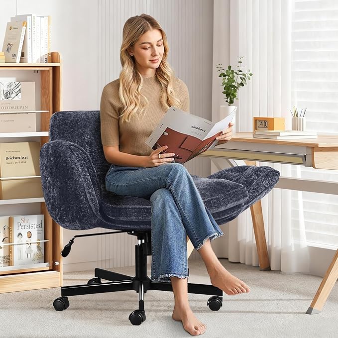 Criss Cross Chair with Wheels & Arms, Chenille Cross Legged Office Chair with 5-level Folding Armrest, Comfortable Adjustable Swivel Vanity Chair for Home, Make Up, Bed Room, Office, Accent (Blue)