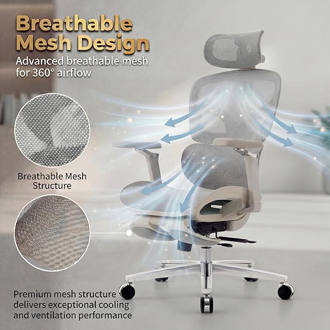 Ergonomic Office Chair with Footrest & Massage Lumbar Support – Adjustable Seat Depth & Back Height Reclining Big and Tall 400LBS Mesh Chair, 4D Headrest & 6D Armrests, for Home Office/Gaming(Gray)