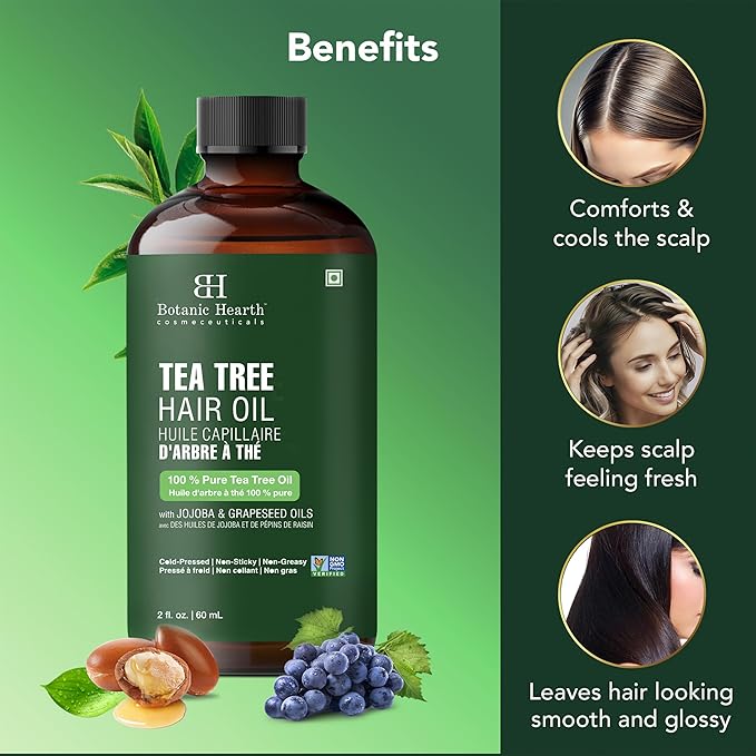 Botanic Hearth 100% Pure Tea Tree Hair Oil For Hair Growth & Hair Treatment Oils 2 Fl Oz | Infused with coconut Oil | Hair Oil Repairs Dry Damaged Hair, Strengthening, Healthier | All Hair Types