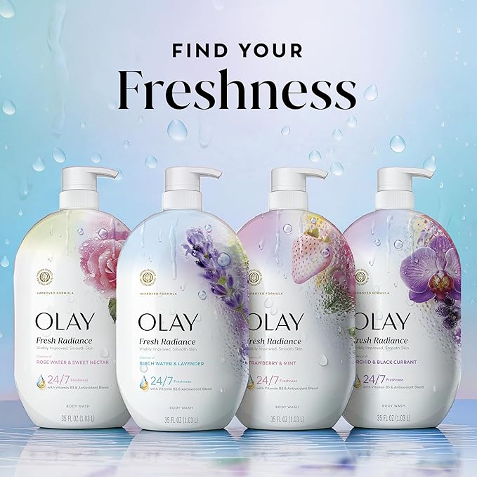 Olay Body Wash for Women, Fresh Radiance, 24/7 Skin-Loving Freshness, Visibly Radiant, Plant Based Cleansers, Vitamin B3 & Antioxidant Blend, For All Skin Types, Birch Water & Lavender Scent, 35 fl oz