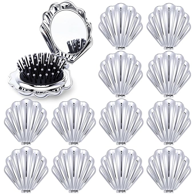 Meanplan 12 Pcs Mermaid Party Favors Shell Hair Brush with Mirror Foldable Mini Travel Pocket Hair Brush Compact Makeup Comb for Women Girls Valentines Day Birthday Gifts(Silver)