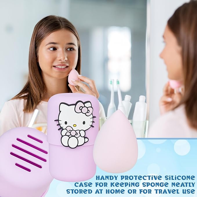 Hello Kitty Beauty Accessories Set for Women Teens, Folding Hair Brush with Mirror, Makeup Sponge Holder, Makeup Remover Pads, Kawaii Gifts for Women, Wife, Girlfriend