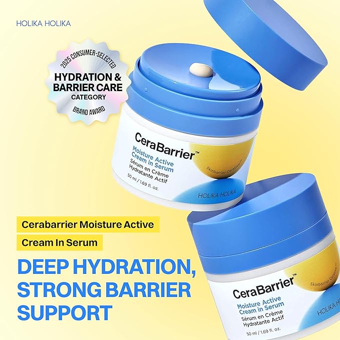 HOLIKA HOLIKA Cerabarrier Moisture Active Cream In Serum - Face Hydrating Barrier Repair - 5 Ceramide Complex Phytosterols Peptide - Hypoallergenic Korean Skincare for Dry Sensitive Skin, 1.69oz