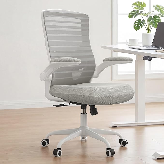 Office Chair for Long Hours & Lower Back Pain Relief – 4" Thick Molded Foam Cushion, Padded Lumbar Support and Flip-up Armrests, Ideal for Office or Study (Modern, Light Gray)