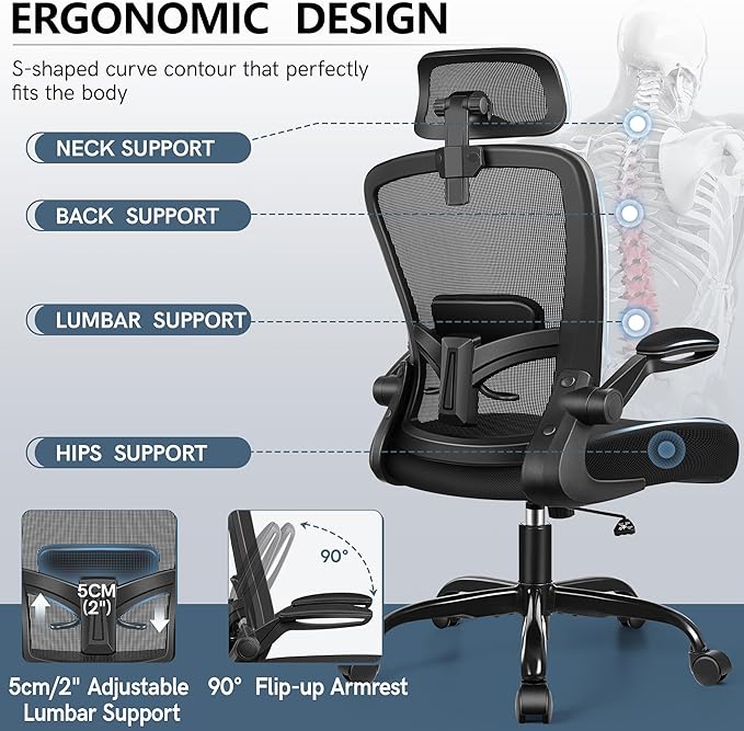 FelixKing Office Chair, Desk Chair with Soft Lumbar Support, Ergonomic Computer Chair with Headrest High Back Armrest, Adjustable Height Home Office Swivel Chair for Woman Man