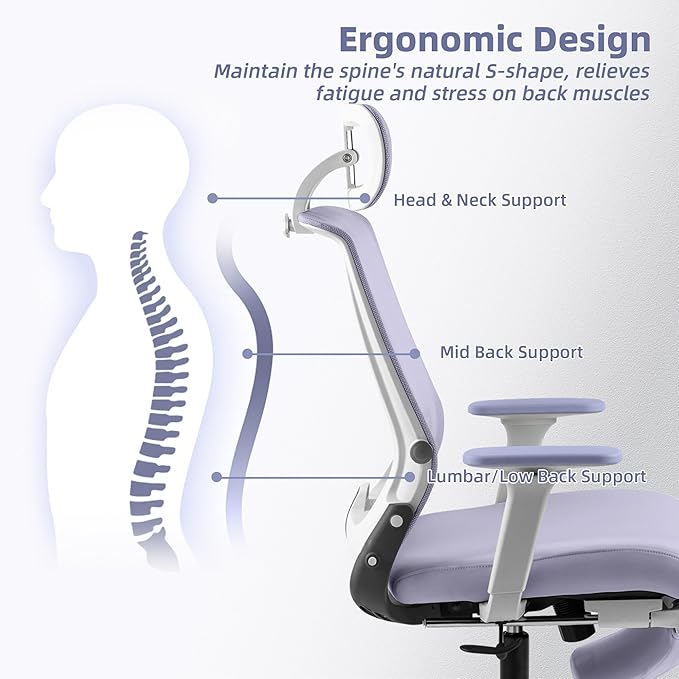 Foldable Office Chair with Foot Rest, Ergonomic Office Chair with Adjustable Lumbar Support, Headrest, Armrest, Home Office Desk Chair for Space Saving, Work from Home, Purple