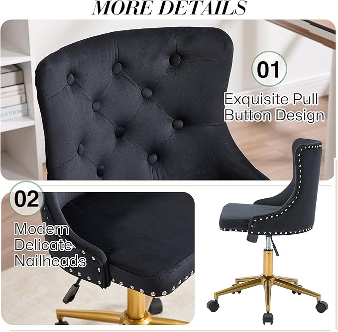 Velvet Armless Home Office Desk Chair, Swivel Height-Adjustable Small Cute Vanity Chair for Women/Girls, Comfy Makeup Chair with Rivet and Gold Base for Living Room, Bedroom(Black)