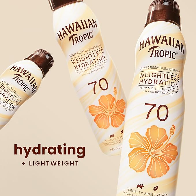 Hawaiian Tropic Weightless Hydration Sunscreen Spray SPF 70, 6oz | High SPF Sunblock, Oxybenzone Free, Hawaiian Tropic Spray Sunscreen, 6oz