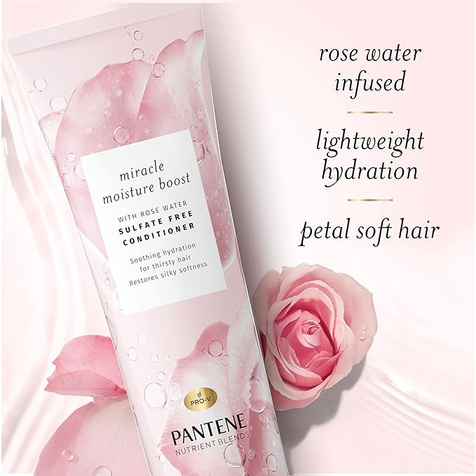 Pantene Nutrient Blends Miracle Moisture Boost Rose Water Conditioner for Dry Hair, Sulfate Free, 8 Fl Oz