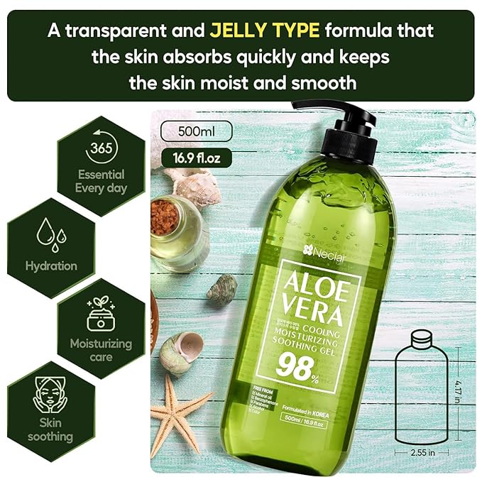 98% Pure Aloe Vera Gel for Sunburn Relief - Big 16.9 oz / 500ml - 98% Pure Aloe Vera - For Face, Skin and Hair - After Sun Care lotion - Sun Burn Moisturizer Cream (16.9 Fl oz)