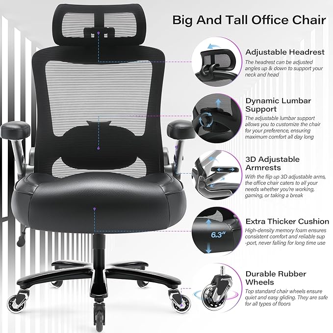 Big and Tall Office Chair 600lbs with 3D Flip Arms Adjustable Headrest - Heavy Duty Large Wheels Executive Computer Desk Chair, Ergonomic Lumbar Support Mesh High Back Plus Size Chair for Adults